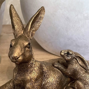 BRONZE RESTING MOTHER & BABY HARE