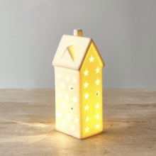 Load image into Gallery viewer, White ceramic Scandi LED light up house Nordic. Similar Neptuen and Charlested
