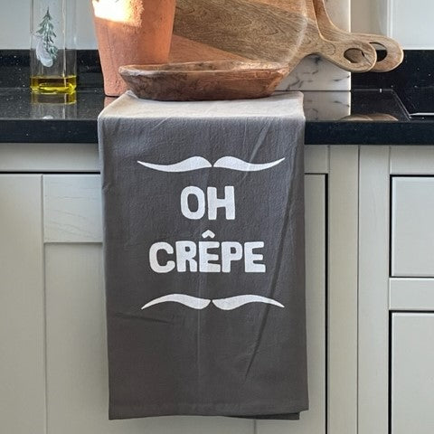Oh Crêpe Slogan Tea Towel, Kitchenwares,  Like West Barn Interiors, Like Holcombe Dream Interiors, Grey Flour Sack tea towel
