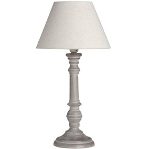 Beige Grey white washed country style lamp with oatmeal shade.  Bedside lamp,  table lamp